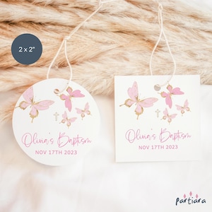 Modello di etichetta per battesimo rosa a forma di farfalla, etichetta per bomboniere per il primo compleanno delle bambine, stampabile, modificabile, scaricabile P144