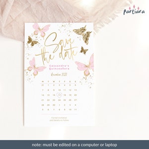 Blush Pink Butterfly Save the Date Card Printable Girl Quinceanera Calendar Party Announcement Editable Digital Download Template P6 P293