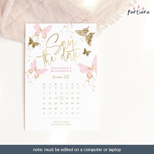 Blush Pink Schmetterling Save the Date Card Druckbare Mädchen Quinceanera Kalender Party Ankündigung Bearbeitbarer Digitaler Download Vorlage P6 P293