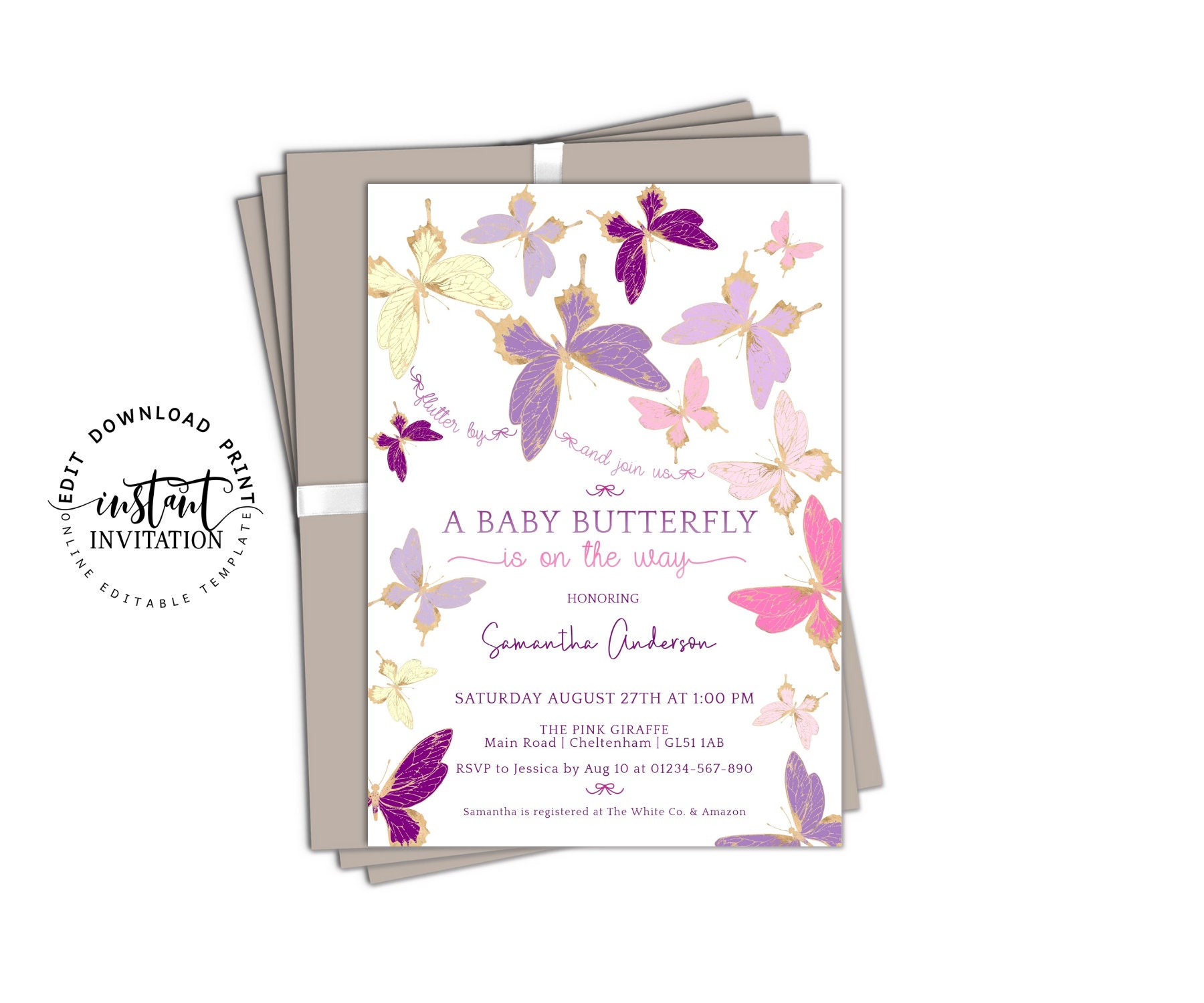 Butterfly Girl Baby Shower Invitation Template Editable Pink Etsy