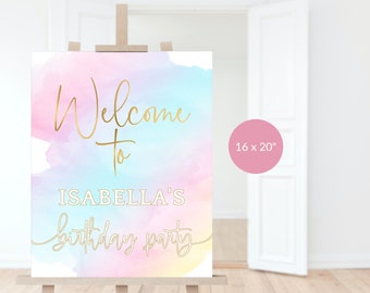 Cartel de bienvenida para fiesta infantil: Plantilla editable imprimible de póster de cumpleaños con arcoíris pastel para niñas P179