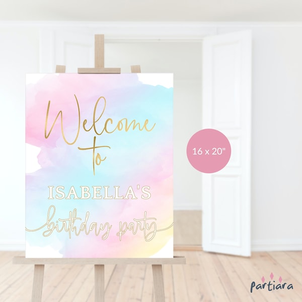 Rainbow Birthday Party Welcome Sign Printable Girl's 1st Birthday Poster Editable 16x20 Template Digital Download Pastel Pink Blue Gold P179