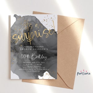 Surprise Birthday Invitations for Him or Her, Adult Party Invites Digital Download, Instant Edit Black and Gold Invite Printable P132