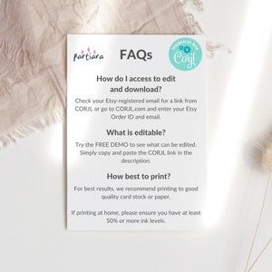 May include: A white card with the text "FAQs" and instructions on how to edit and download a product. The card includes the logo for "Partiara" and a "Personalize with Corjl" logo.