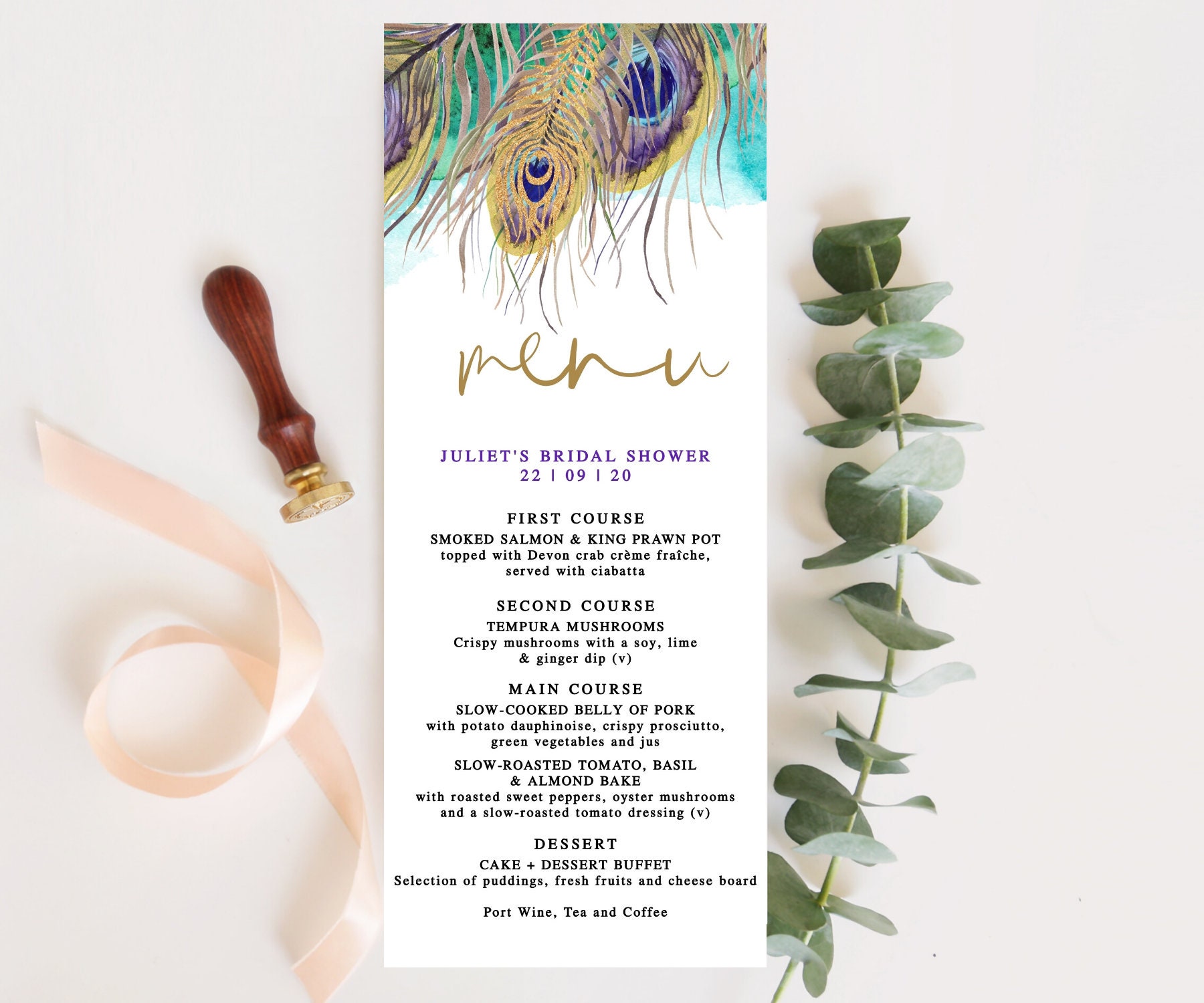 Peacock Feathers Menu Cards Editable Birthday Party Dinner Etsy