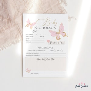 Tarjeta de juego imprimible con predicciones de mariposas para baby shower, tarjeta de recuerdo con deseos y consejos para niña, rosa ruborizado y dorado, descarga editable P293
