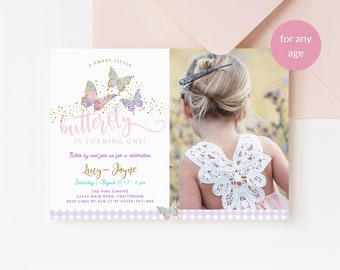 Pastel Butterfly Birthday Invitation Girl DIY Editable 1st Birthday Party Invites with Photo, Printable Pink Lilac Purple Gold Decor P87