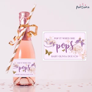 Etichette per bottiglie di vino in miniatura con farfalla per baby shower, modello stampabile, etichetta pop viola rosa oro per bambine, download digitale modificabile P345