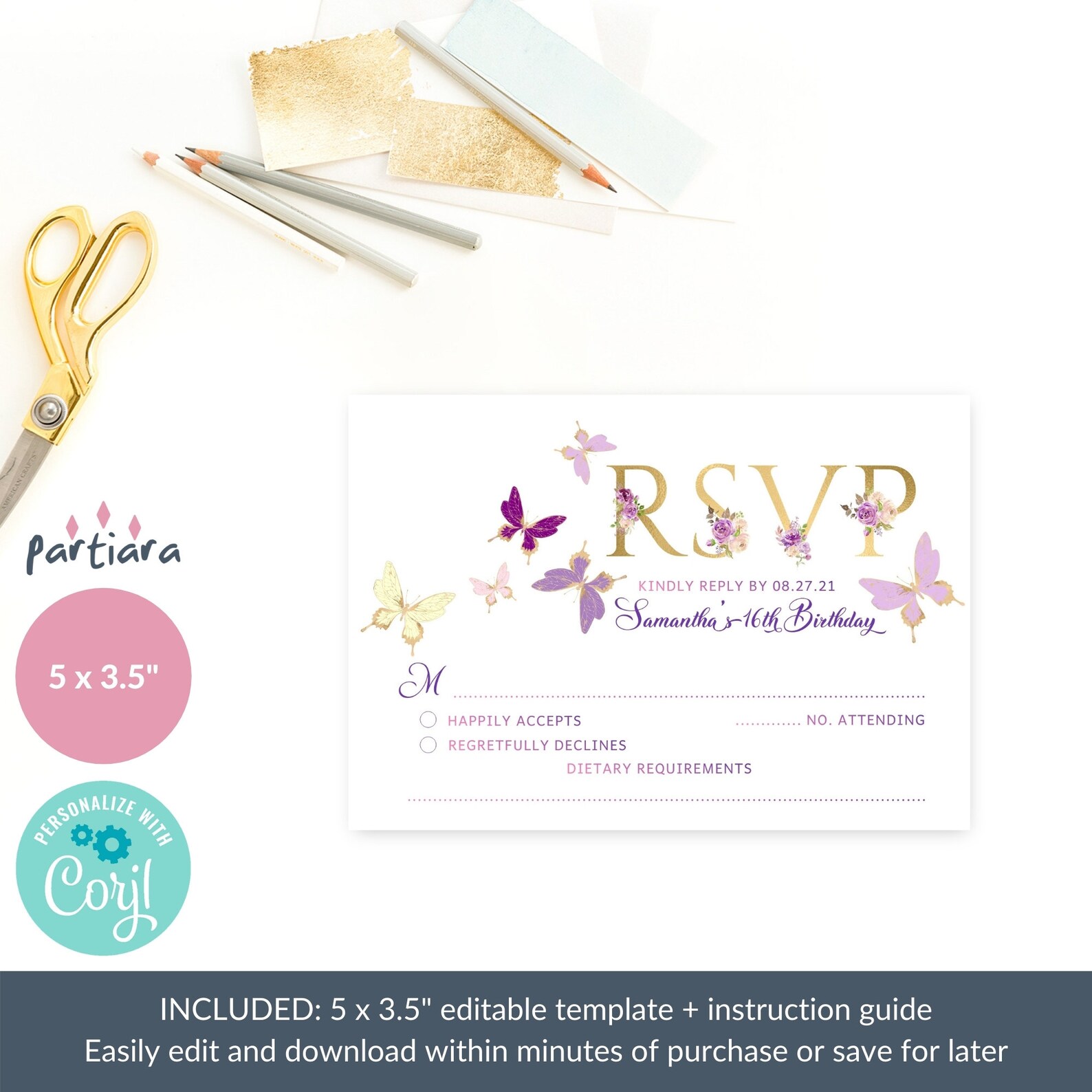 Quinceanera Invitation RSVP Card DIY Printable Butterfly Decor - Etsy