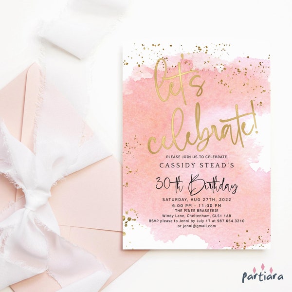 Editable Blush Pink Birthday Invite Template, Ladies Lets Celebrate Invitation Printable, Brunch Party Invites, Blush Coral Pink Decor P481