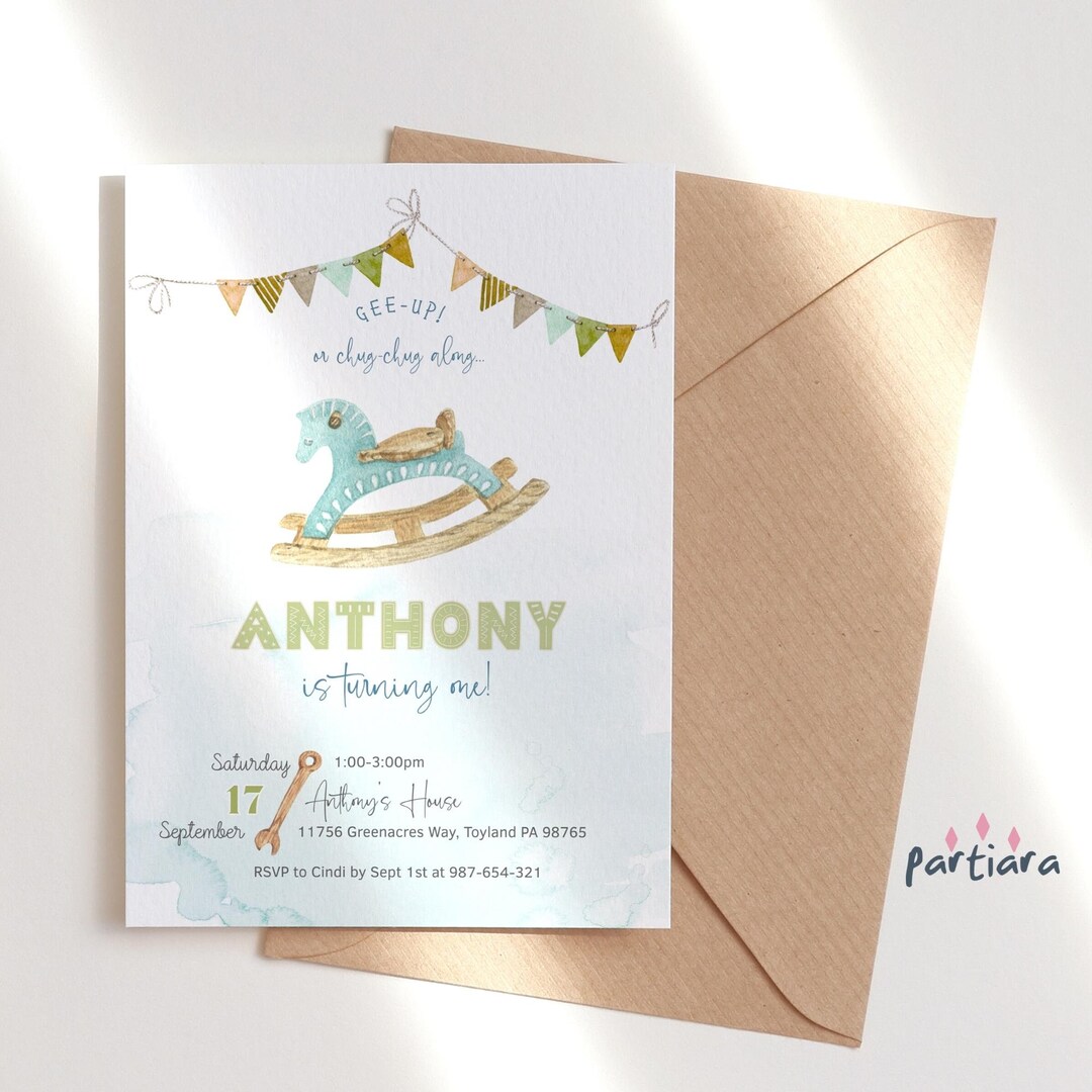 Rocking Horse Birthday Invite Boy 1st Birthday Tea Party Invitation