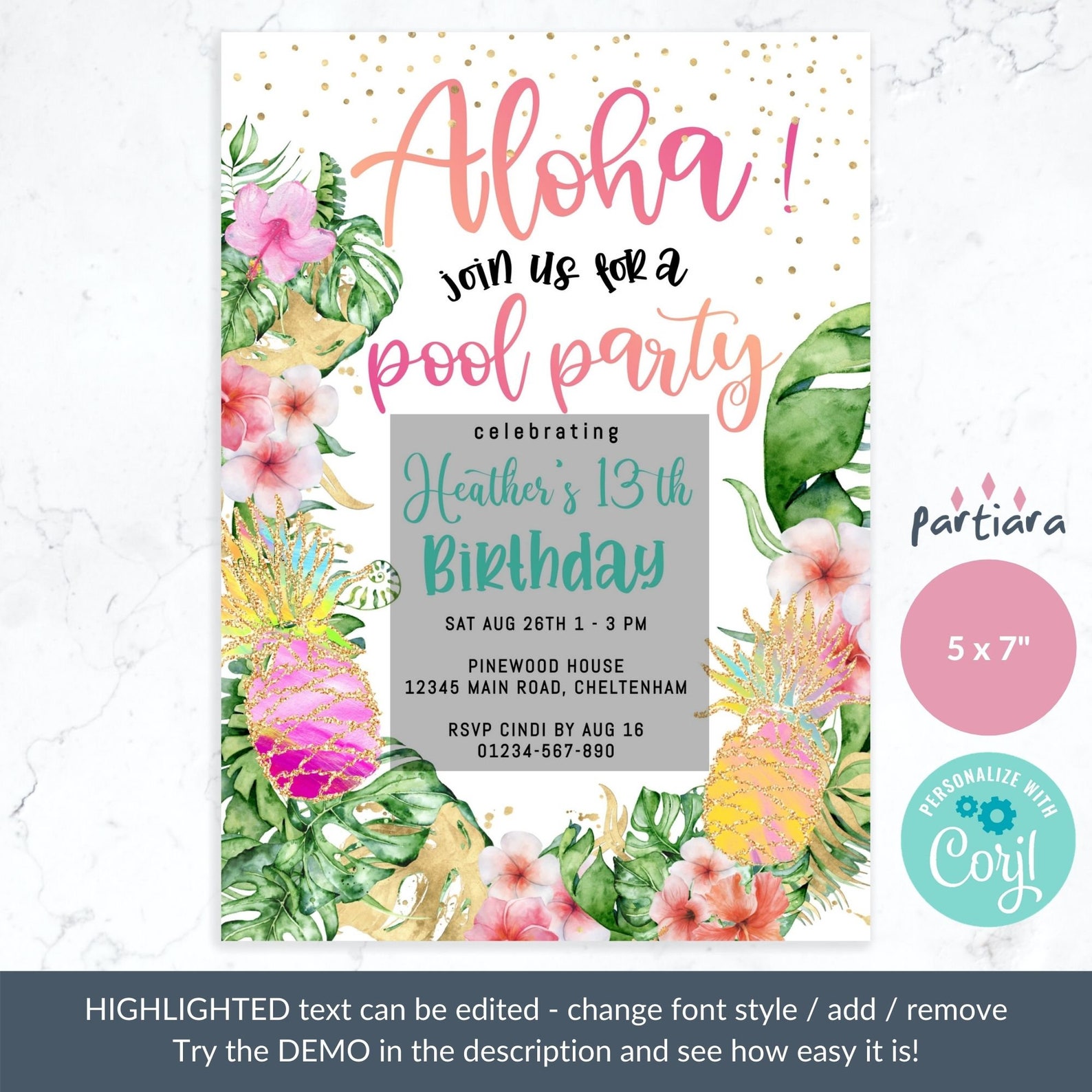 Aloha Pool Party Invitation Tropical Birthday Invites Teen - Etsy UK