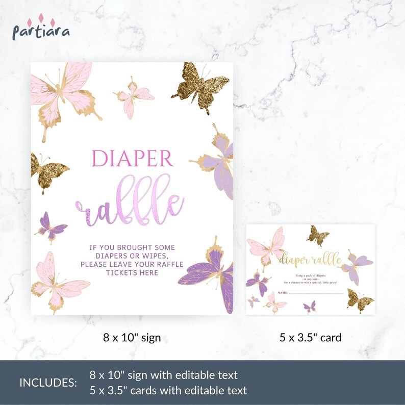 Butterfly Baby Shower Diaper Raffle Sign and Tickets Printable Girl Party Game Card Editable Digital Download Pink Lilac Decor P345 image 4