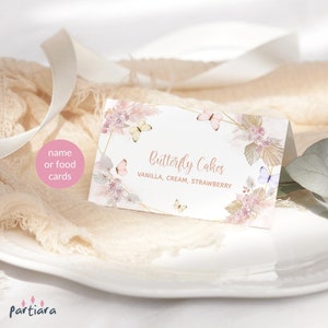 Plantilla de tarjeta de lugar con mariposas, tarjetas de carpa para comida de cumpleaños con mariposas rosas para imprimir, etiquetas de asientos para baby shower estilo boho, editables P171
