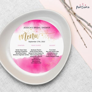 Editable Menu Plate Insert Charger Template: Girls or Ladies Birthday Events Hot Pink Gold Decor, Printable Digital Download P400