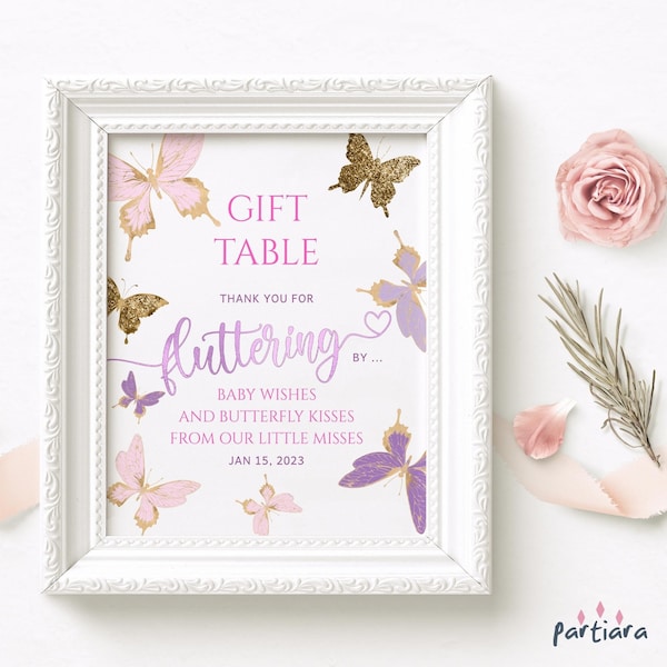 Editable Baby Butterfly Gift Table Girls Baby Shower Party Gifts and Cards Poster Printable 1st Birthday Party Thank You Favor Gifts P345