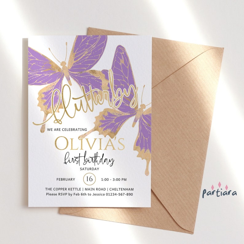 Editable Butterfly Party Invitation Any Age in Purple and Gold Flutterby DIY Printable Instant Download Girl 1st Birthday