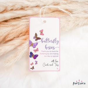 Vlinder bedankkaartje, verjaardag vlinder kusjes gunst cadeaukaartjes afdrukbare, meisje baby shower gunsten label bewerkbare sjabloon P337