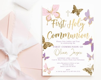 Meisje eerste heilige communie uitnodigen afdrukbare vlinders uitnodiging voor feest Blush roze Lila paars goud Decor digitale Download sjabloon P345