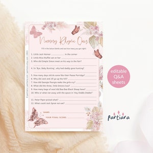Butterfly Baby Shower Game, Nursery Rhyme Quiz Party Activity Notecard Printable, Girls Blush Pink Rose Gold Floral Decor, Editable P171