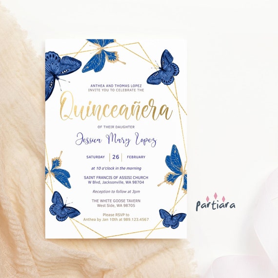 Gold and Blue Glitter Quinceanera Invitations, Blue Quinceañera