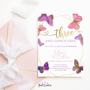 3rd Birthday Invitation Girls, Butterfly Three and Fancy Free Cute Party Invite Template, Pink Purple Decor Printable Editable Download P337
