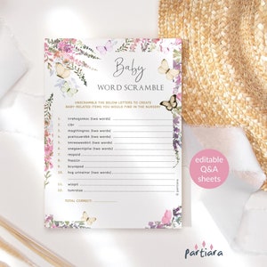 Word Scramble Game, Girl Baby Shower Games Card Printable, Butterfly Floral Wildflowers Pastel Decor, Editable Template Download P256