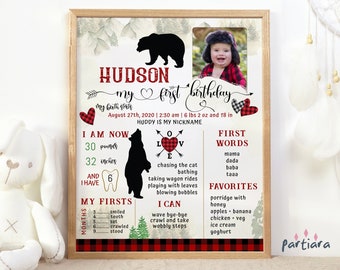 Lumberjack First Birthday Milestone Sign 1st Birthday Photo Board My First Year Chalkboard Boys Buffalo Plaid Decor Printable Download P13