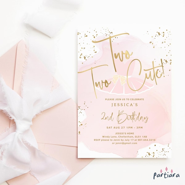 Two Two Cute Birthday Invitation Printable Girl's 2nd Birthday Party Invite Editable Tutu Ballet Themed Template Pastel Blush Pink Gold P458