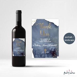Communion Wine Favor Label Boys, Bottle Labels Editable Template, First Holy Communion Personalised, Navy Gold Baptism Decor Printable P239
