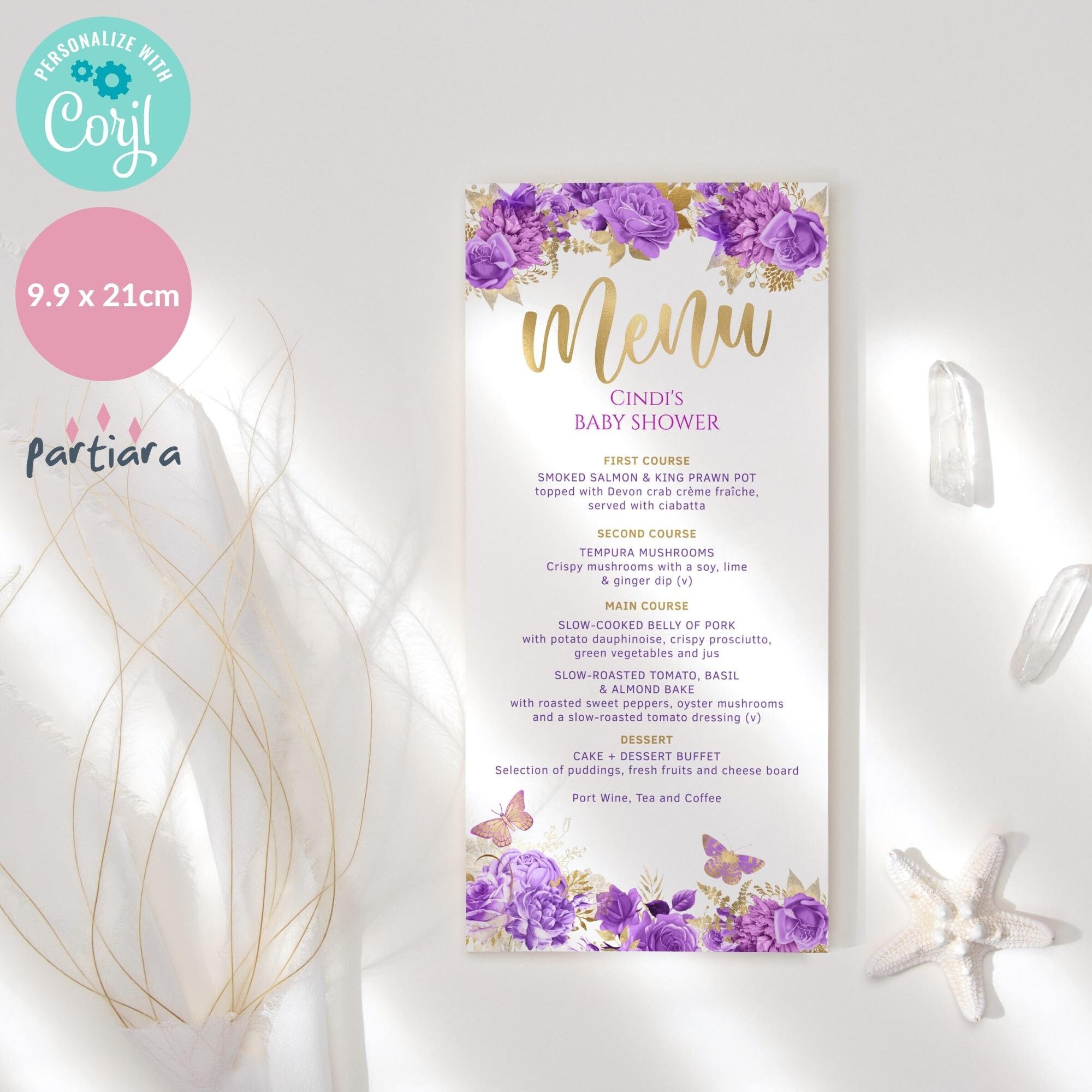 Purple Floral Butterfly Menu Printable Girl Baby Shower Party - Etsy