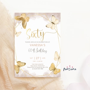 EDITABLE 60TH INVITATION Butterfly Birthday Printable for Ladies Surprise Brunch Lunch or Dinner Party, Printable Digital Template P167