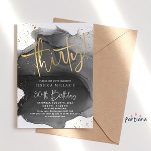 Modèle d'Invitation pour 30e anniversaire, hommes ayant 30 ans, invitation de fête imprimable, décor or blanc noir, carte de téléchargement numérique modifiable P268