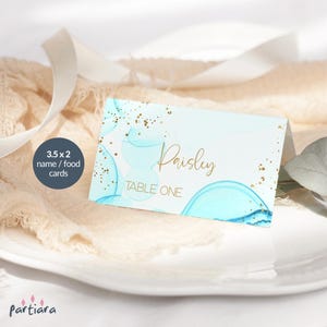 Modello segnaposto azzurro cielo, segnaposto per feste di compleanno in piscina stampabili, segnaposto per cena per ragazze adolescenti, download modificabile P296