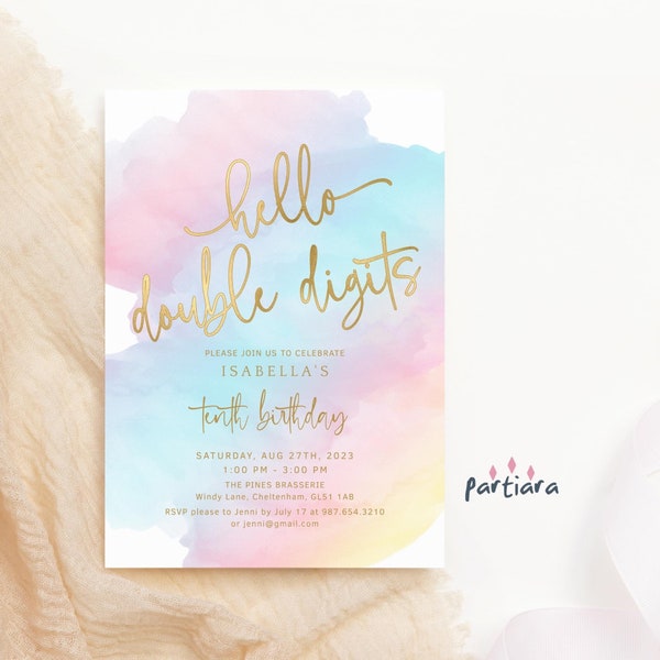 Double Digits Invite Girl 10th Birthday Party Invitations Printable Pastel Rainbow Sky Disco Party Editable Digital Download Template P179