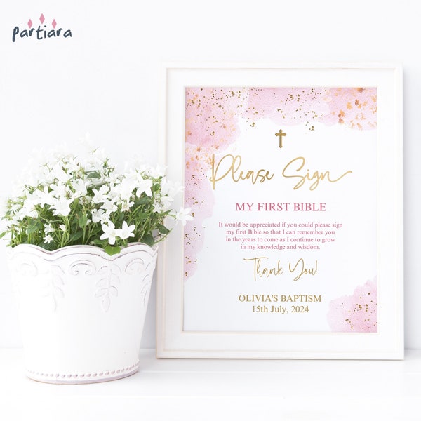First Bible Sign, Girl's First Holy Communion or Baptism Table Poster Decor Printable, Pastel Pink and Gold Editable Digital Download P364