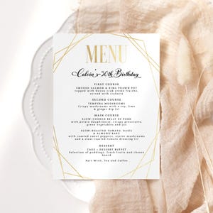 Birthday Menu Dinner Party Table Menus Printable, Editable Menu Template for Men or Ladies, All White Gold Decor, Digital Download P86