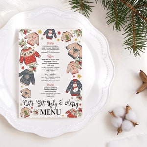 Menu di maglioni brutti, biglietto di menu di Natale stampabile, decorazioni per la tavola per la cena e le bevande brutte, download digitale modificabile P743
