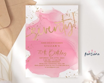 Editable Pink 70th Birthday Invitation Template for Ladies Surprise Dinner Party Candy Pinks Gold Glitter Decor Digital Corjl Download P722