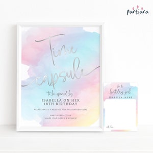 Pastel Time Capsule 1º aniversário festa para impressão, pôster de decoração de mesa de unicórnio arco-íris para meninas e conjunto de cartões de visita, download editável P179