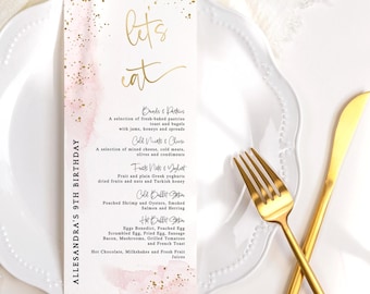 Pink Birthday Menu Template, Girls Dinner Party Table Menus Printable, Pastel Bridal Shower Menu Card, Editable Digital Download P249