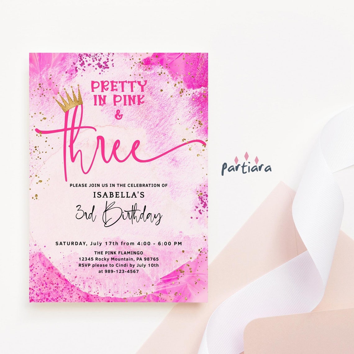 Girl 3rd Birthday Invite Editable Pink and Gold Pretty in Pink Party ...