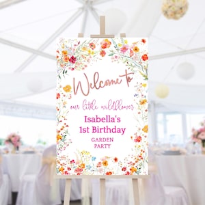 Wildflower Birthday Sign, Floral 1st Birthday Welcome Party Poster Printable, Pink Orange Flowers Decor, Editable Digital Download P890