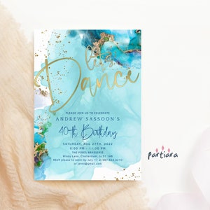 Lets Dance Party Invitation Printable Birthday Dinner Drinks Invite Editable Digital Download Template Teal Sky Blue and Gold Decor P243