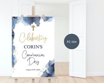 Kommunion Willkommensschild, Jungen erste heilige Kommunion Dekor, Marineblau Gold Willkommen Poster druckbare bearbeitbare Vorlage P239