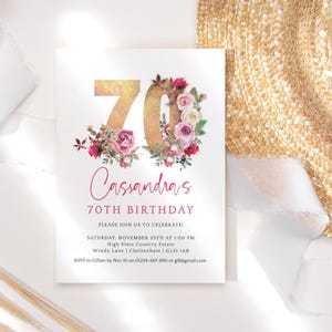 Ladies 70th Birthday Invitation Printable Garden Tea Lunch Party Invites Editable Template Pink Red Roses Gold Decor Digital Download P195