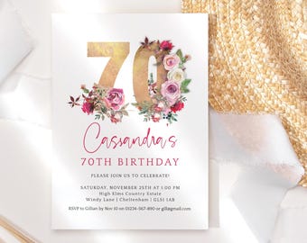 Invitación digital para 70 cumpleaños: rosas rojas y rosas imprimibles (P195)