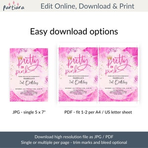 May include: Printable invitation for a 3rd birthday party. The invitation features a pink and gold design with the text "Pretty in Pink" and a crown. The invitation includes the name "Isabella" and the date and time of the party.