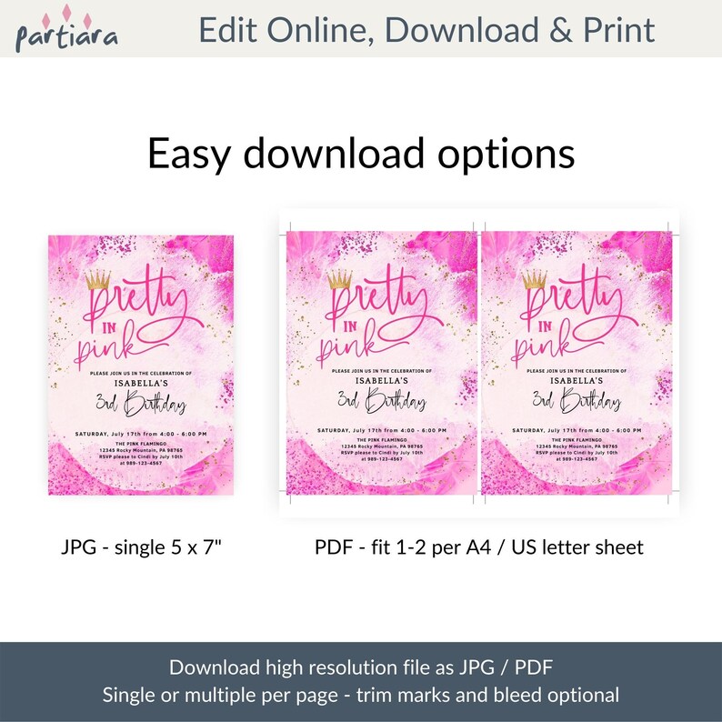 May include: Printable invitation for a 3rd birthday party. The invitation features a pink and gold design with the text "Pretty in Pink" and a crown. The invitation includes the name "Isabella" and the date and time of the party.