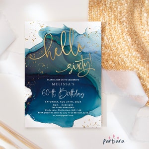 Teal 60th Birthday Invitation Digital Download, Hello Sixty Invite Template, Men or Ladies Dinner Drinks Events Card Printable Editable P231